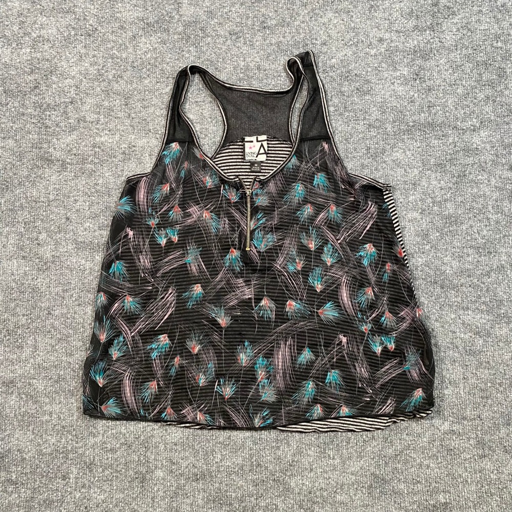 Living Doll Los Angeles Womens Medium Racerback Tank Top Zip Feather Striped